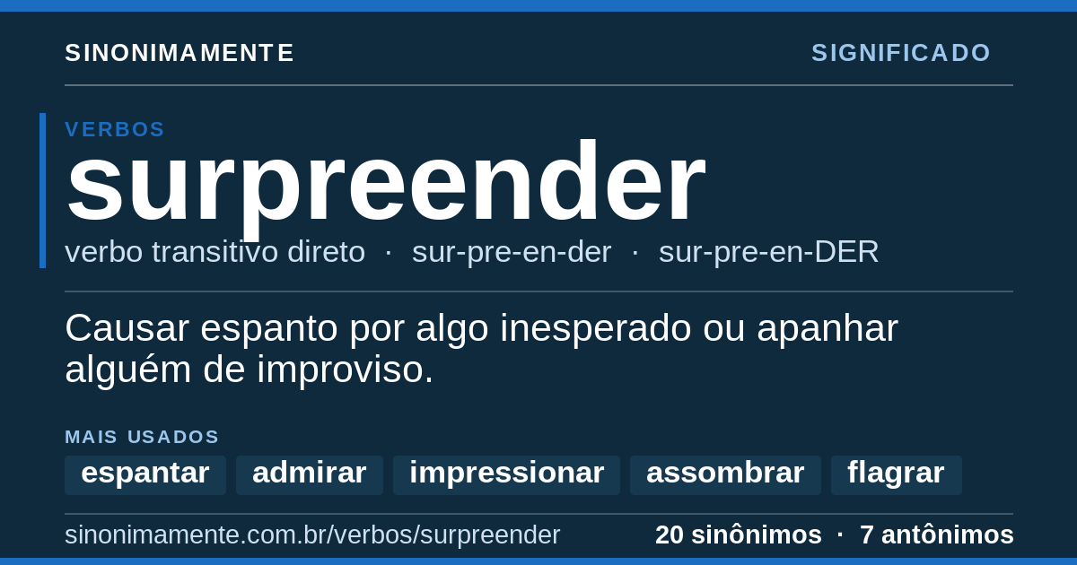 Significado de surpreender: cartão do verbete com 20 sinônimos