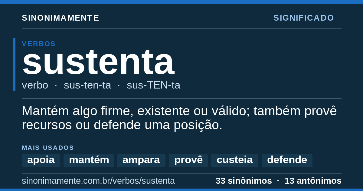 Significado de sustenta: cartão do verbete com 33 sinônimos