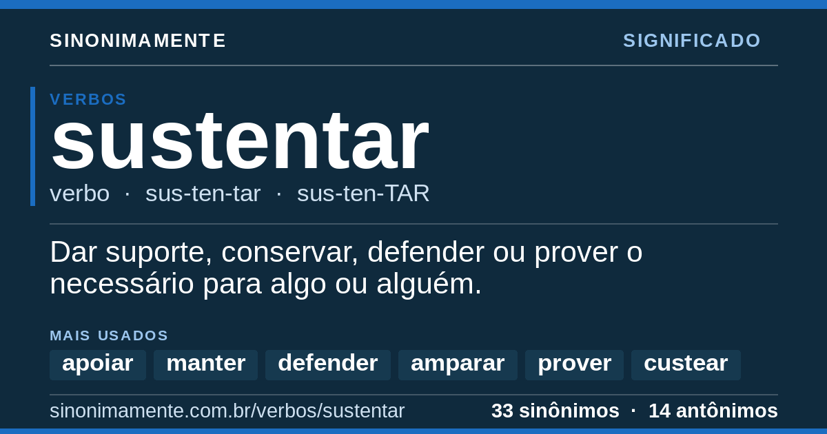 Significado de sustentar: cartão do verbete com 33 sinônimos