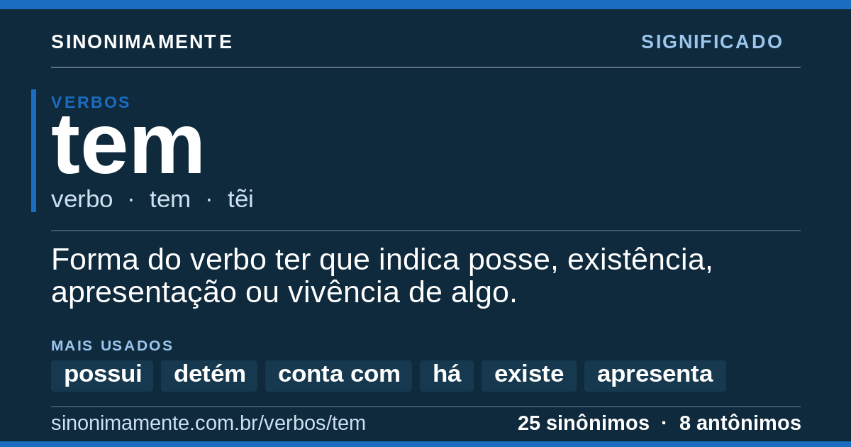 Significado de tem: cartão do verbete com 25 sinônimos