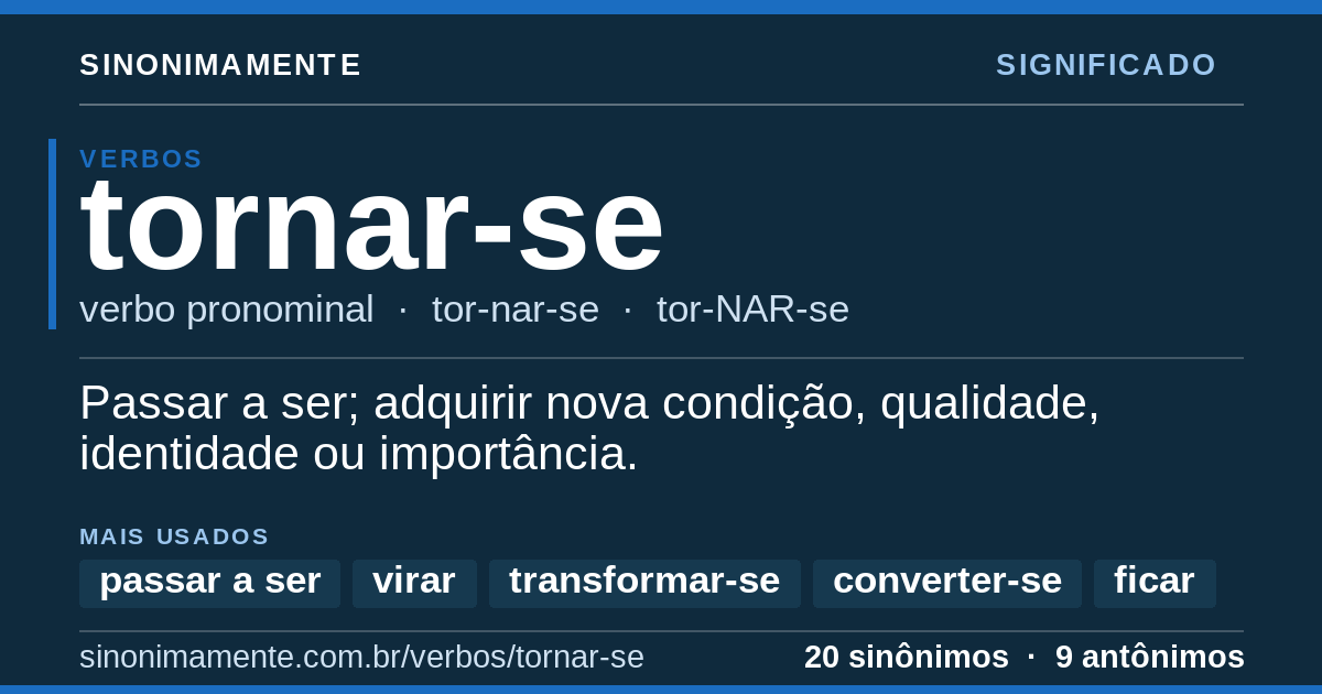 Significado de tornar-se: cartão do verbete com 20 sinônimos