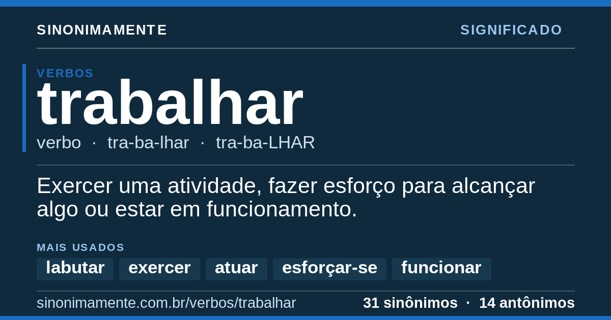 Significado de trabalhar: cartão do verbete com 31 sinônimos