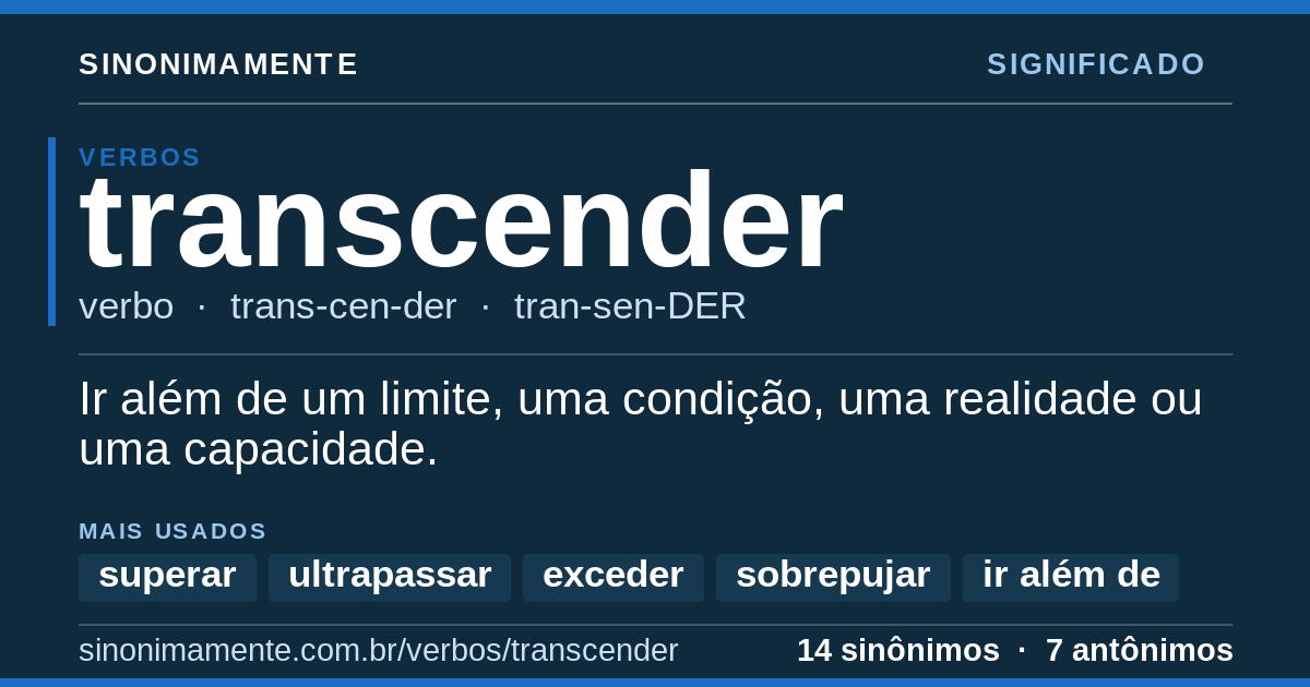 Significado de transcender: cartão do verbete com 14 sinônimos