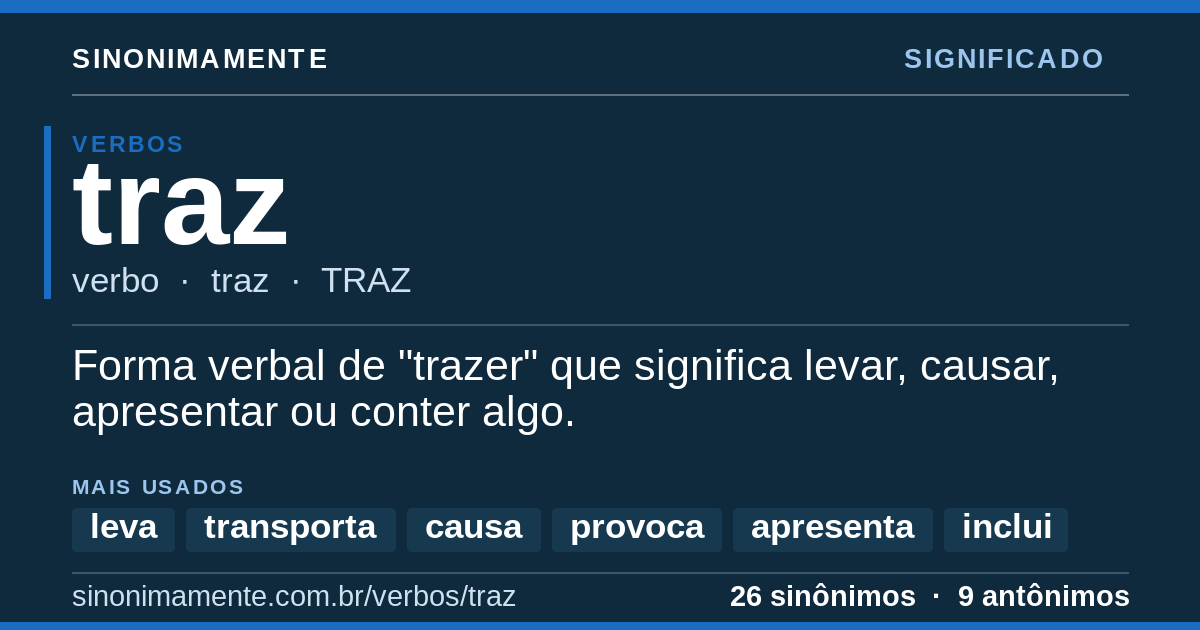 Significado de traz: cartão do verbete com 26 sinônimos
