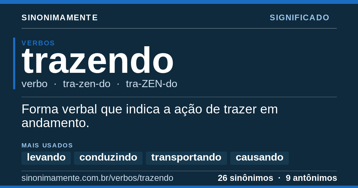Significado de trazendo: cartão do verbete com 26 sinônimos