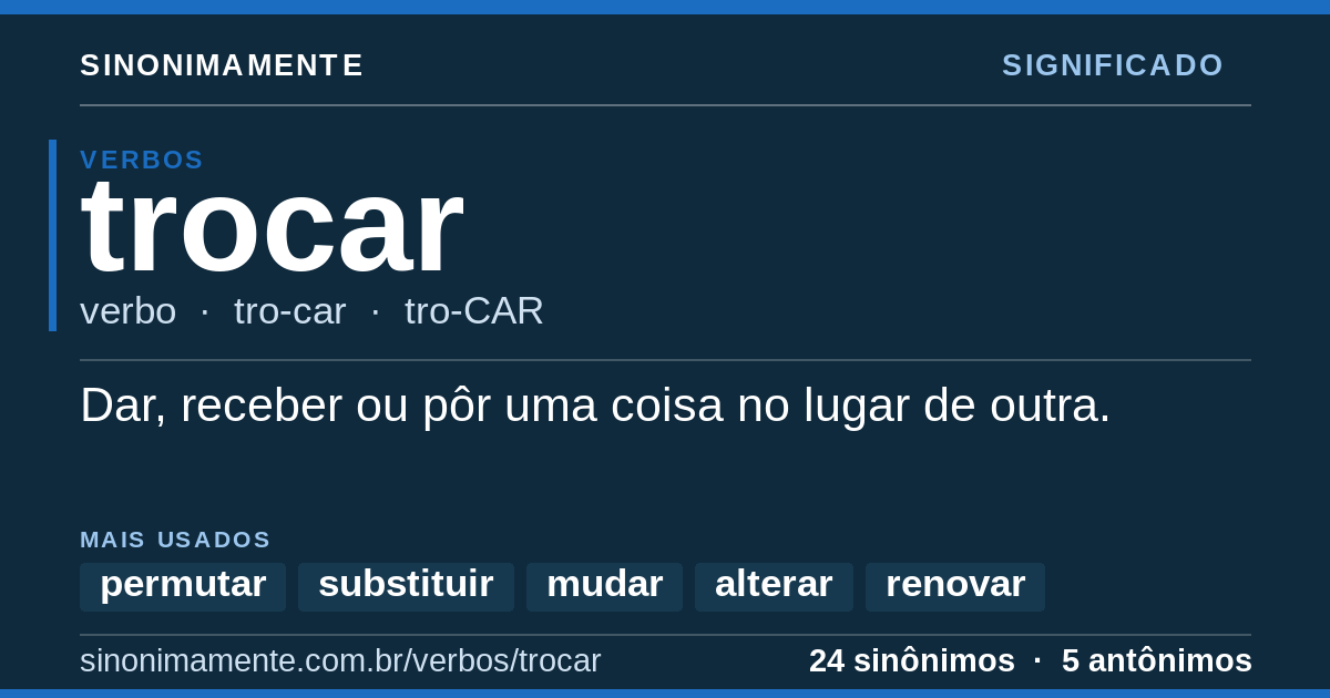 Significado de trocar: cartão do verbete com 24 sinônimos