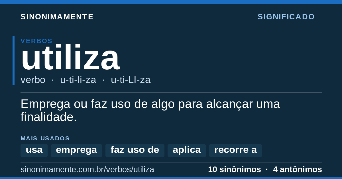 Significado de utiliza: cartão do verbete com 10 sinônimos