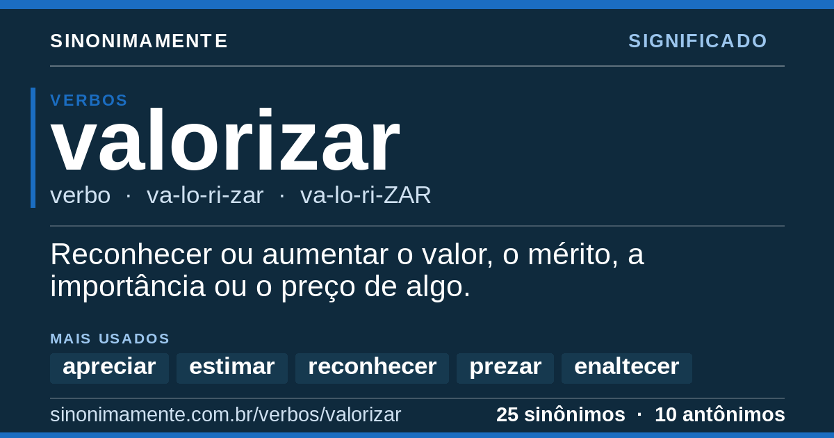 Significado de valorizar: cartão do verbete com 25 sinônimos