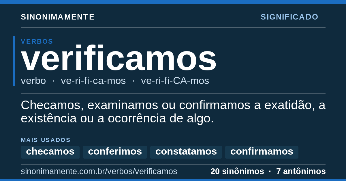 Significado de verificamos: cartão do verbete com 20 sinônimos