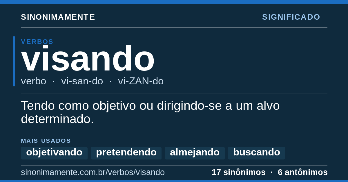 Significado de visando: cartão do verbete com 17 sinônimos