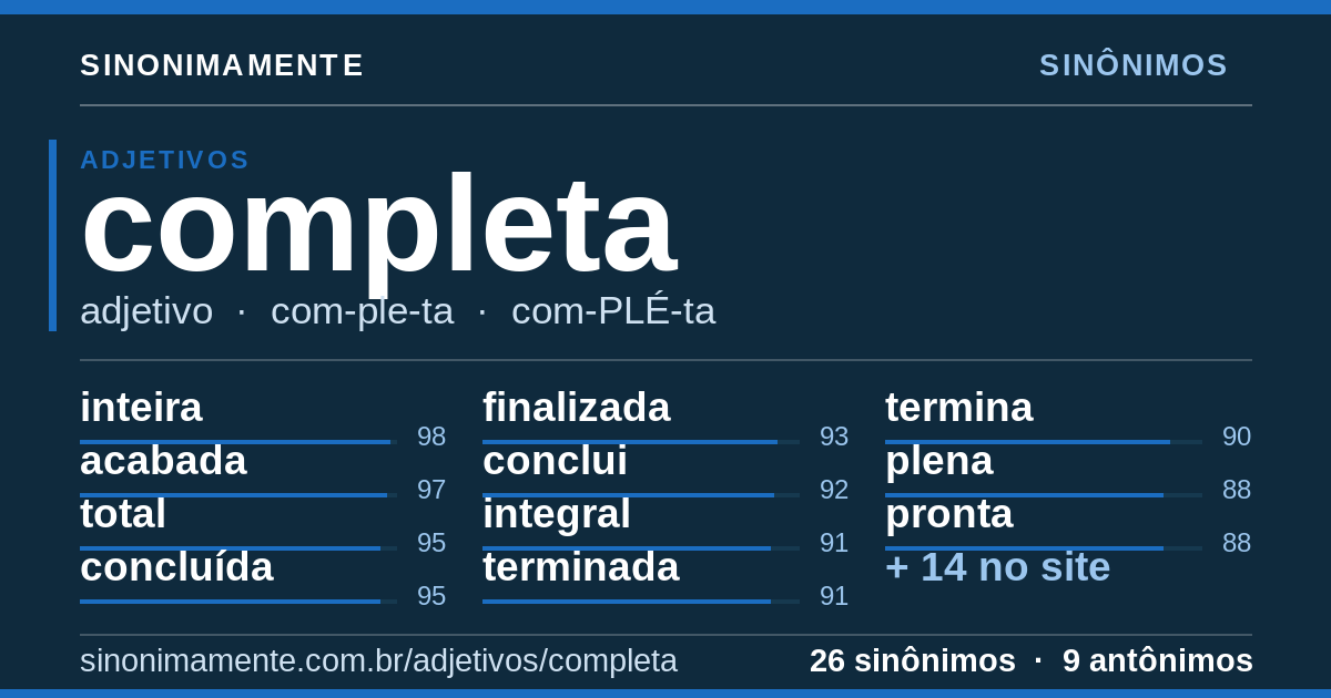Sinônimos de completa: cartão do verbete com 26 sinônimos