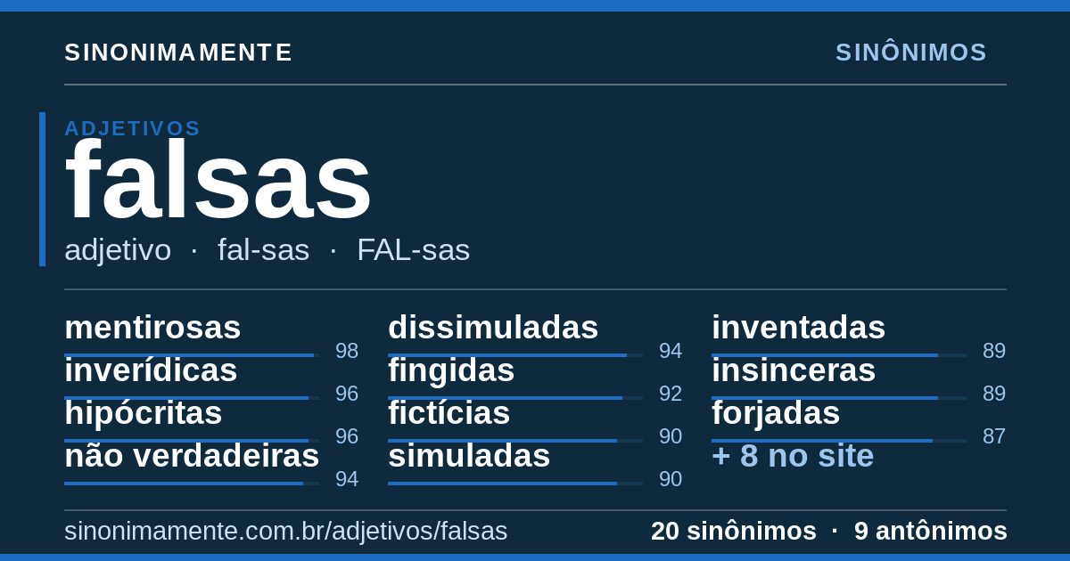 Sinônimos de falsas: cartão do verbete com 20 sinônimos