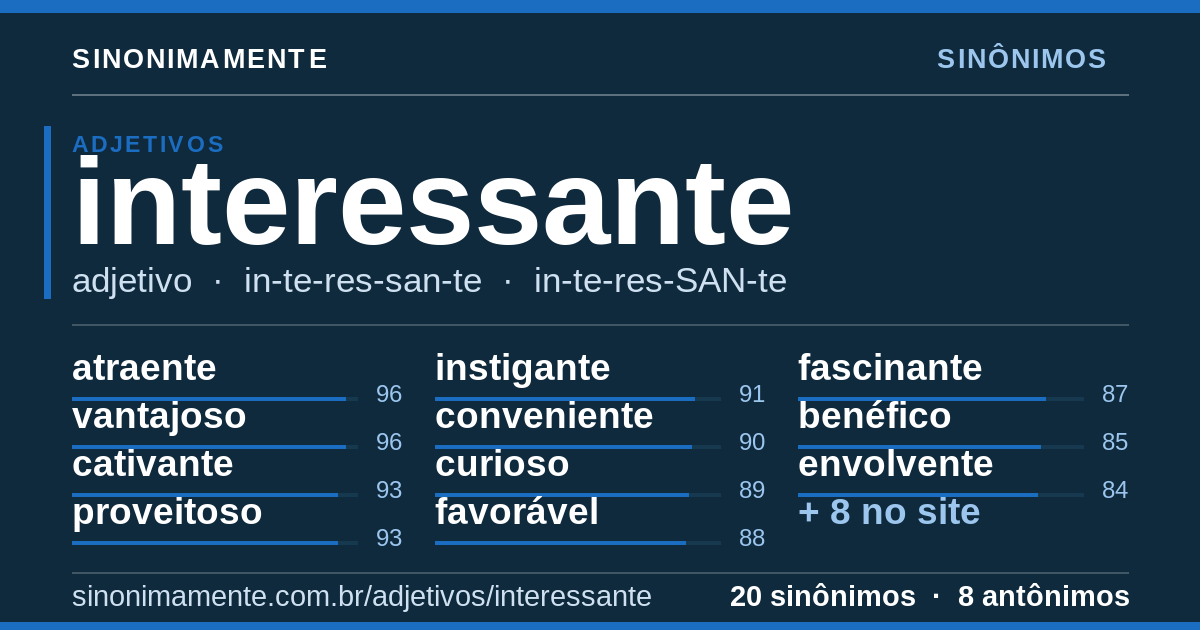 Sinônimos de interessante: cartão do verbete com 20 sinônimos