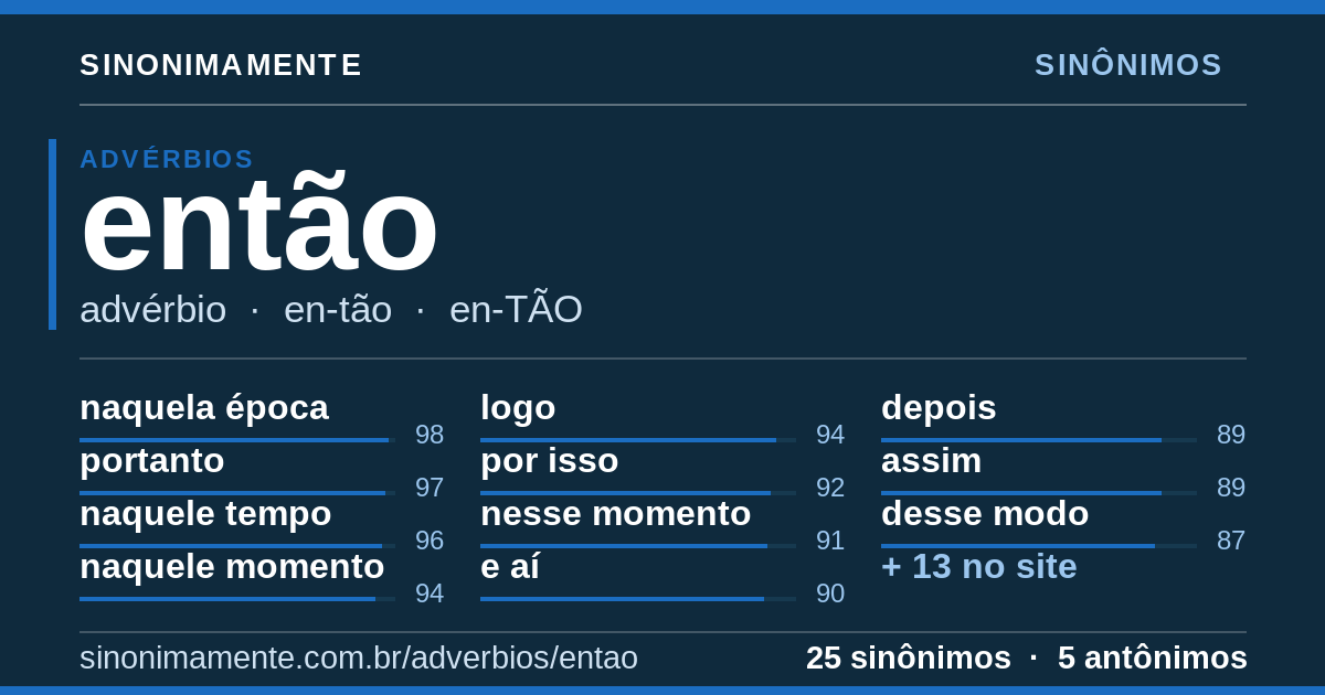 Sinônimos de então: cartão do verbete com 25 sinônimos
